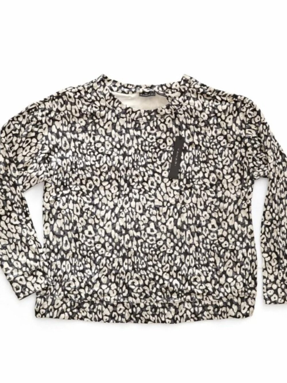 Tahari Black White Animal Print Cotton Blend Statement Long Sleeve Top Size M